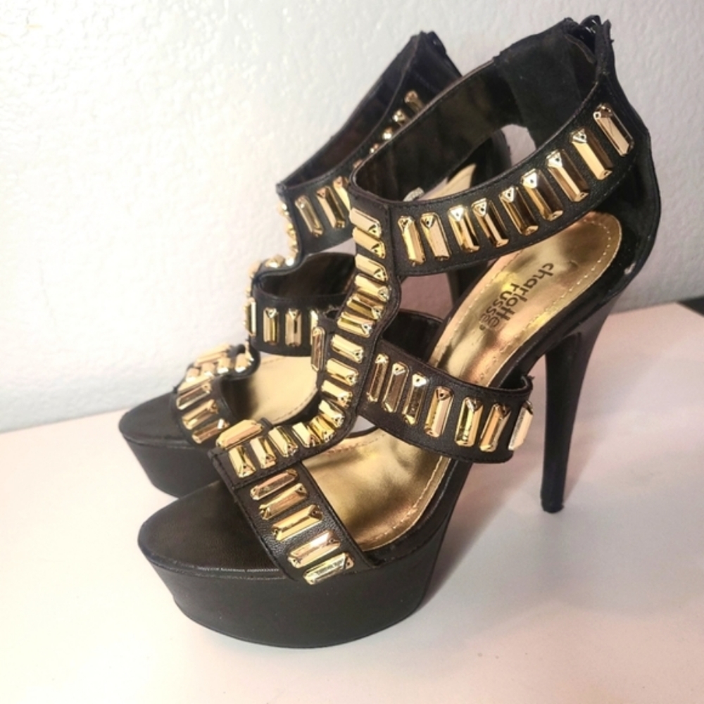 Black Gold Studded Heels - Size 7 7.5